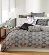 Soothing grey tones combine with pops of color in this Seneca duvet cover from Bar III, featuring a modern geometric diamond pattern for a look of casual style.