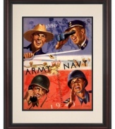 A salute to heroes on the front lines and on the football field, this original program art from the 1943 Army-Navy game at West Point is a must-have for military vets and sports collectors. A cherry-finished frame and double mat complete this vintage cover.