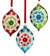 With frosty white sparkles and dazzling colors, these lovely oval ornaments reflect the lights from your tree to add even more shine to this joyous holiday.