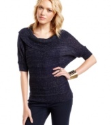 So many reasons to love this sweater from Cotton Emporium! From the festive metallic threading to the oversized cowl collar, this dolman sleeve number makes us giddy about cold-weather style.