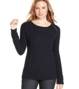 Step-up your sweater game! An exposed zipper elevates Pink Rose's comfy pullover from the classic cable-knit layer to a modern and chic design.