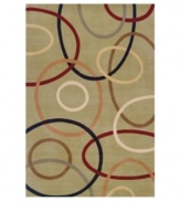 A playful array of interacting swirls in deep red, gray, taupe and salmon against an olive  background creates a rug that is absorbing, abstract and lighthearted at the same time that it is elegant and modern. Color scheme and unique pattern make this rug versatile enough to complement any room. Hand carved of plush 100% New Zealand wool.