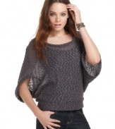 Pair REIGN's open knit sweater over your fave cami for a super-cute look. The gold metallic fabric really adds drama to to this topper!