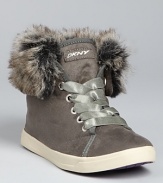 Blythe spirit: DKNY gives must-have sneaker booties feminine, fun touches, including faux fur cuffs and shining ribbon laces. They're perfect everyday casual kicks-try them with stonewashed skinny jeans.