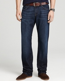 Relaxed fit, five pocket jeans in a dark wash. Signature squiggle pocket design on back pockets. Relaxed fit, five pocket jeans in a dark wash. Signature squiggle pocket design on back pockets.