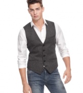 5 button front v-neck vest by Guess Jeans goes great with jeans and a collard shirt. Complete the look with the matching jacket.