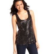 Slip into a bold top for a great way to fancify your day (or night) ensemble! This tank from 6 Degrees boasts a scalloped design of beads and sequins for a particularly festive look.