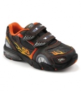 Vroom Vroom! This fun, fast race car inspired sneaker has cool lighted technology that will get your little man up and moving. Deep flex grooves provide maximum flexibility while a hook-and-loop closure allows for easy on/off and adjustability.