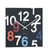 Cutouts make this clock a standout, with hours cut, raised and jumbled together on one ultra-whimsical dial. Bold colors add pop to a design that's already irresistible. From Opal Clocks.