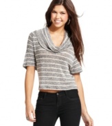 Comfy-cute is the name of the game on this short sleeve cowl neck sweater from Pink Rose. Lovin' the stripes!