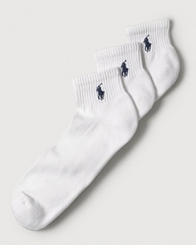 Polo Ralph Lauren set of three stretch cotton quarter socks feature a cushioned foot and ribbed top. Polo player embroidered detail. Three pairs of socks per set. Polo Ralph Lauren set of three stretch cotton quarter socks feature a cushioned foot and ribbed top. Polo player embroidered detail. Three pairs of socks per set.