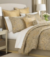 Take a trip to paradise. This Shangri-La comforter set from Martha Stewart Collection boasts an allover flourishing design in a rich, golden palette with silvery elements for an extra burst of glimmer. The set comes complete with all the elements needed, including window treatments, to create an inviting getaway in the bedroom.