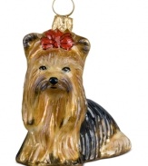 Just begging for a home, this Yorkshire terrier ornament has puppy dog eyes and a beautiful coat in hand-painted glass by Joy to the World.