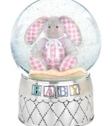 Babies and parents will be tickled pink by Reed & Barton's Gingham Bunny snow globe. Lustrous silver plate accented with colored enamel, a sculpted rabbit and shimmering glitter make it a favorite for the nursery.