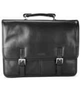 A smooth, stylish leather bag with the space and convenience to accommodate your busy life. Made from exquisite full grain Nappa leather, it features a spacious front gusset with an organizer to hold all your business essentials, and a roomy rear compartment that has a full length zipper pocket. The double gusset flapover ensures that all your essentials will be safe and secure. Includes a padded ergonomic strap for easy movement. Measures 15.5 x 11.5 x 5.