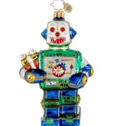 Low tech, high spirits. With gears made of glitter and arms and legs hinged in glass, Christopher Radko's handmade Yule-Bot ornament will be a whimsical presence at all future holidays.