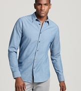Solid chambray elevates this basic slim fit sport shirt from Theory.