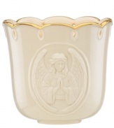 Add a glow to your home with this votive candle holder from Lenox, featuring an embossed angel with her hands clasped in prayer. With scalloped gold trim.
