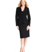 A stunning skirt suit from Le Suit. The satin cascade lapels soften the tailored fit to perfection.