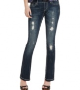 Rip and stitch distressing plus the perfect fade create a beautiful disaster on these bootcut jeans from Dollhouse!