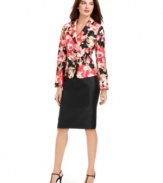 Le Suit's skirt suit looks extra luxe with a shantung texture and a floral jacket with jewel-like buttons.