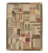 A modern design of animated beauty, this rug renders columns in an abstract collage of rectangles accented with graceful curvilinear details. A cool green palette is tinged with warm hues of brown. Woven of premium Opulon(tm) yarns to create a lavish pile with a rich, color-enhancing finish.