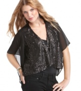 All eyes on you-this cool and casual jacket by XOXO combines the perfect mix of laid-back edge and party-ready sass. The open front design makes it an automatic layering essential with sparkly sequins and airy, sheer detailing that turn your look up a notch.