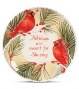 A cookie platter that's extra sweet, this Fitz and Floyd serveware is embossed with cardinals and holly and teaches a lesson, too: holidays are meant for sharing.