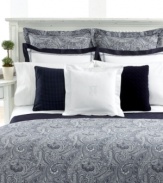 The rich look of paisley brings tailored texture to your bedroom in this Navy Paisley Suite European sham from Lauren Ralph Lauren. Trimmed with meitered corners and luxurious, embroidered hemstitching between its border and body, this woven jacquard design combines traditional beauty with studied, modern appeal.