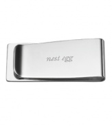 Engraved with nest egg, the silver-plated Silver Street money clip is a most-elegant way to save more than your pennies. A beautiful gift with the impeccable style of kate spade new york.