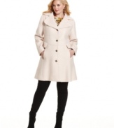 Nubby boucle gives this chic plus coat from Jessica Simpson extra textural appeal. The flared silhouette adds waist definition and gives it a feminine look.