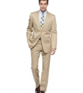 Head into neutral territory. This tan cotton suit from Lauren by Ralph Lauren has sophisticated, quiet confidence.