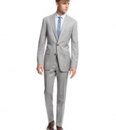 Lighten up. This Bar III grey suit is the right way to shake up a wardrobe of blacks and blues.