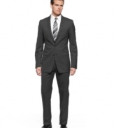 With a sleek slim fit, this pinstriped Calvin Klein suit takes your dress collection into modern territory.