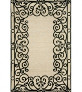 Romance is in the air! Delicate black scrollwork inspires the chic, romantic Wrought Iron rug from Liora Manne's indoor/outdoor Spello collection. UV stabilized to minimize fading, the fashion-forward, durable rug is sure to please. Hose off for easy cleaning.