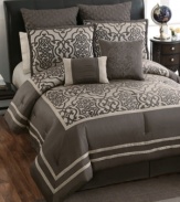Both traditional and elegant, this Adahlia comforter set features a neutral palette of tan and brown. With a center panel embellished by a flourish design and framed by simple stripes, this set evokes an utterly classic and coordinated feel.
