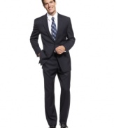 From the interview to the sales call to the corner office, this sleek navy suit makes a smart start to any modern guy's fast-paced career.