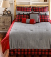 Evoking a distinctly rustic feel, solid gray and red meld with a traditional black and red plaid pattern in this Larson comforter set. Faux leather accents, cord trim and tufted embellishments give this classic and simple look a modern edge.