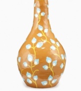 Truly blossoming. Haitian artisans turn discarded paper bags into a thing of beauty, sculpting and painting this most ordinary material into the pretty Teardrop vase. Soft blue buds rooted in warm terracotta accent a window sill or bookcase with delicate grace.
