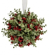 Bring out the romantic side of the holiday season with this beautiful red and green kissing ball. A sparkling finish adds a bit of festive cheer to faux mistletoe and holly.