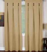 A streamlined design with inverted pleats gives the Murano window treatment a modern sensibility. Wooden buttons stacked in sets of three accent this linen-like panel in solid neutral shades. With back tabs for easy hanging and a sleek finish.