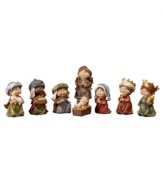 Give your little ones a big sense of wonder. This precious nativity captures the innocence and joy of children, as the jubilant faces of Mary, Joseph and the other witnesses embrace and behold the baby Jesus. Rich earthy tones and burnt hues add to the miracle unfolding.