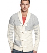Uniquely styled toggle shawl collar sweater by X-Ray is edgy and versatile to maximize your style.