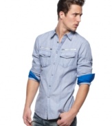 Reverse trends of boring casual style with this contrast-sleeved woven shirt from INC International Concepts.