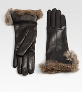 Supple leather gloves with plush cashmere lining and a glam, dyed rabbit fur trim.Dyed rabbit fur trimLength, about 12.5Leather with cashmere liningLeather specialist dry cleanerImportedFur origin: Spain Fur Colors Vary 