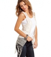 Top your jeans and tee ensemble with boho-cool via this vest from Fresh Brewed that boasts superior crochet design and a hem of dancing fringes!