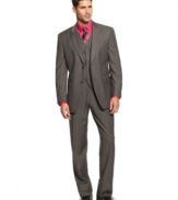Muted charcoal on this Sean John 3-piece suit provides the freedom to play with color underneath for an eye-popping look sure to catch anyone's eye.