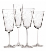 A series of etched, looping ribbons set on sleekly-shaped stemware brings style and sophistication to any affair. Iced beverage glass shown far left.
