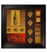 Salute! An homage to wine in rich shades of chestnut, burgundy and gold, this handsome print feels right at home in the kitchen or dining room. Framed in dark wood with a scroll motif echoing the design.