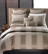 Bold stripes with a subtle metallic shimmer give the Wide Stripe Bronze standard sham a decidedly sophisticated allure. This statement sham pairs perfectly with the other elements of the Wide Stripe Bronze bedding ensemble from Hotel Collection. Shell only; reverses to solid.